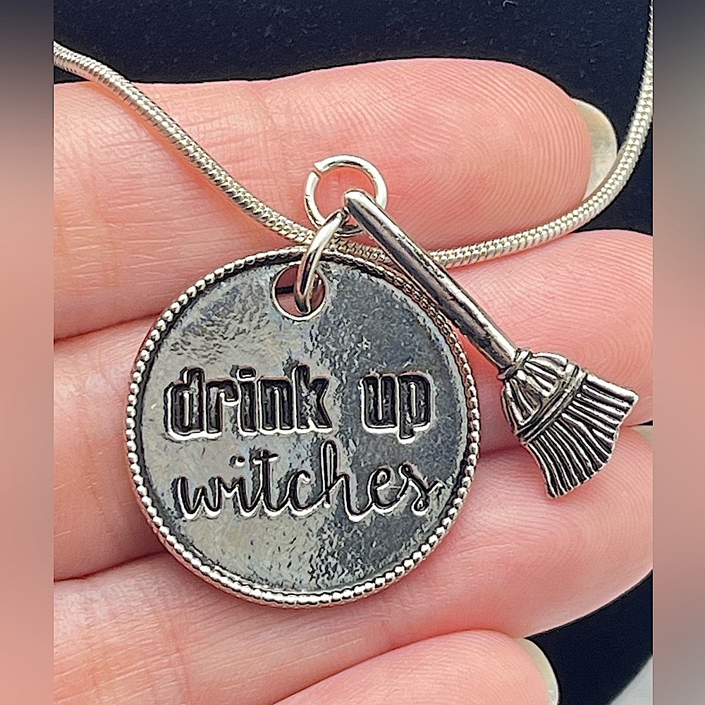Silver Halloween Necklace “Drink Up Witches” with Broom